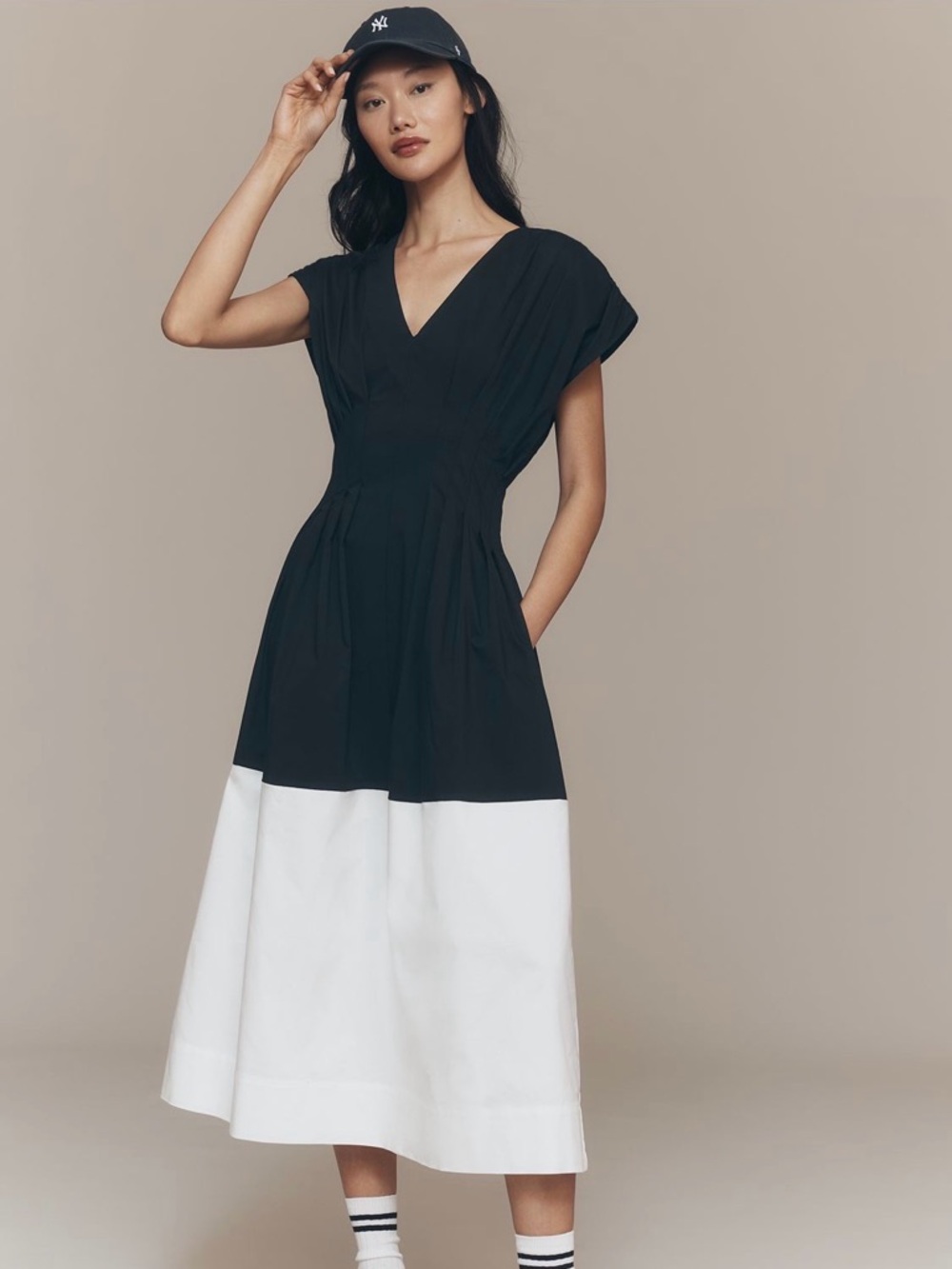 Anthropologie Exquise Pleated Short Sleeve Twofer Dress Black/White XL Worn Once